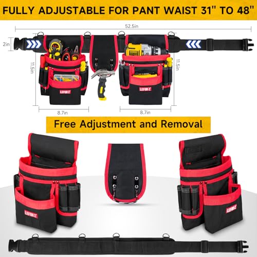 Tool Belt with 4 D-Rings,27-Pockets Tool Belts for Men,Construction - color: Red & Black, size: 27 Pockets