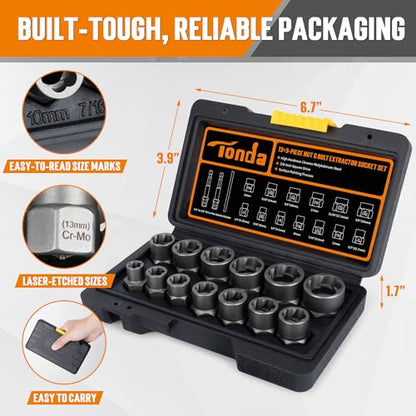 TONDA Bolt Extractor Kit, Stripped Bolt Remover, 16 Piece, 1/4"-3/4"
