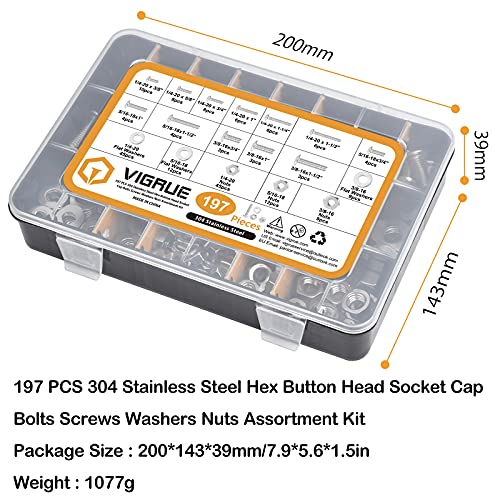 VIGRUE 197PCS 1/4-20 5/16-18 3/8-16 Button Head Cap Screw, SAE 12 Sizes Hex Cap Bolts Flat Washers Nuts Assortment Kit Machine Screws Set, 304 Stainless Steel - size: 197PCS 1/4-20 5/16-18 3/8-16 Button Head
