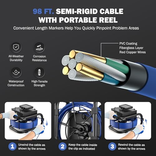 ZELCAN Sewer Camera, Drain Camera 100FT with 4.3 in. LCD Screen, Waterproof IP68 Borescope Plumbing with 12 LED Lights with 5300mAh Battery DVR Recorder, Included 32GB Card - size: 4.3 in./100 ft.