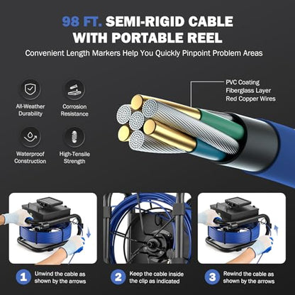 ZELCAN Sewer Camera, Drain Camera 100FT with 4.3 in. LCD Screen, Waterproof IP68 Borescope Plumbing with 12 LED Lights with 5300mAh Battery DVR Recorder, Included 32GB Card - size: 4.3 in./100 ft.