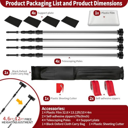 12FT Dust Barrier Poles, 4 Pack Spring Retractable Zipper Wall Pole Kit