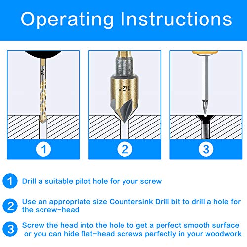 Countersink Drill Bit Set, 5 Pieces High Speed Steel 82 Degree 5 Flute 6mm Shank Mill Cutter Bit Countersink in Sizes 1/2" Set with Carrying Case. - size: 1/2''