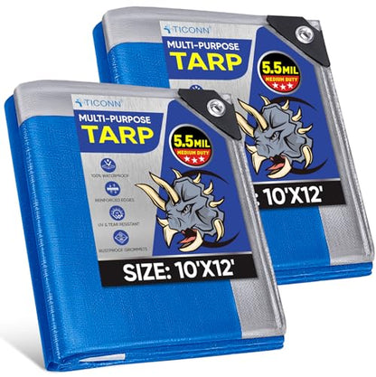 TICONN Heavy Duty Tarp Cover Waterproof, Extra Thick UV Resistant Tarpaulin - color: Blue, size: 10'x12', 5.5 Mil, 2PK