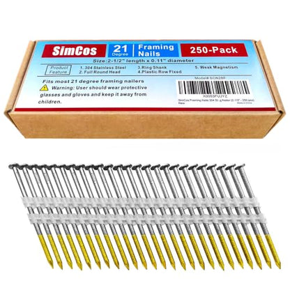 304 Stainless Steel 21 Degree 2-1/2 Inch Framing Nails,250-Pack - size: 2-1/2"--250 pcs