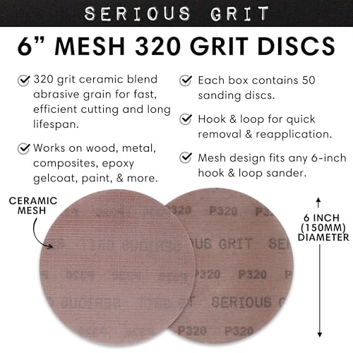 Serious Grit - 6-Inch P320 Grit Ceramic Mesh Sanding Discs - 50 Pack - style: 320 Grit
