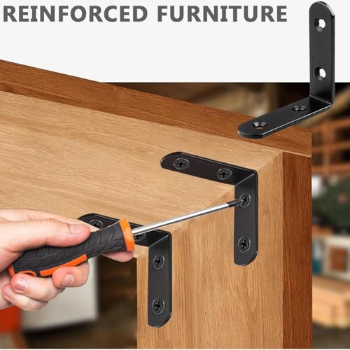 20 PCS Black Corner Brace 2.5''x 2.5'' Heavy Duty L Bracket Corner Braces with 80 pcs Screws, 3MM Thic Kness Joint Iron Metal Right Angle Brackets for Shelves, Wood Furniture - size: 65x65MM