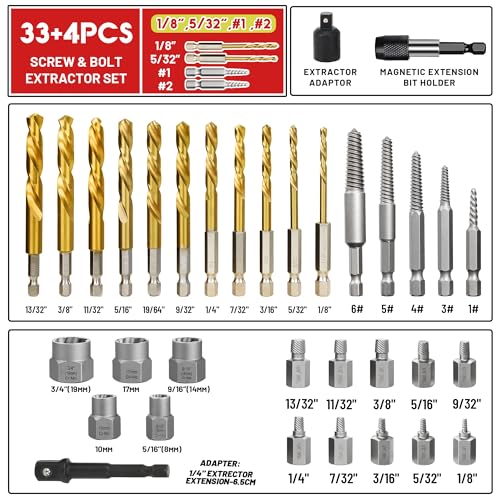 33Pcs Screw Bolt Extractor Set Hex Head Multi-Spline, Left Hand Drill Bit Set Easy Out Stripped Bolt Remover with Adapter, Bolt Extractor Kit for Removing Broken Rusted Nuts Screws Studs - size: 37Pcs