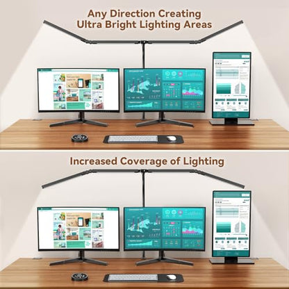Pzloz Led Desk Lamps for Home Office - Eye Caring Architect Lamp with Clamp, Double Head Computer Monitor Work Desk Light with Remote Control: 24W Flexible Dimmable Desktop Table Lamp - color: Dark Black