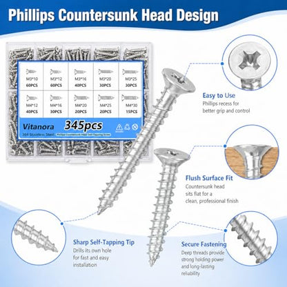 Self Tapping Screws 345Pcs Flat Head Phillips Wood Self Drilling Screws