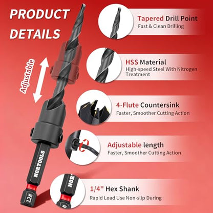 Countersink Bit Set, 18 PCS Counter Sink Drill Bit for Woodworking with 2 Wood Plug Cutters, 1/4" Hex Shank Screwdriver Bits, Depth Stop Collars,82° Counterbore with Storage Case