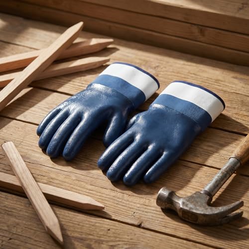 10-Pair Heavy-Duty Chemical Resistant Gloves & Oil Resistant Gloves for Men, Fully Coated Nitrile Work Safety Tools with Wide Cuff (Blue)