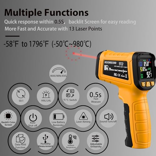 Infrared Thermometer Gun, -58°F to 1796°F, Dual-Mode 50:1 - color: Yellow/-58°F to 1796°F and -4°F to 932°F