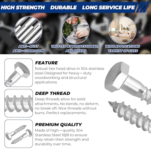 20-Sets M6 x 50mm Hex Head Lag Screws Bolts with Flat Washers, 304 Stainless Steel (18/8), Partial Thread, Heavy Duty Hex Head Lag Deck/Wood Screws - size: M6 x 50mm
