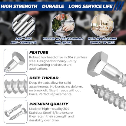 20-Sets M6 x 50mm Hex Head Lag Screws Bolts with Flat Washers, 304 Stainless Steel (18/8), Partial Thread, Heavy Duty Hex Head Lag Deck/Wood Screws - size: M6 x 50mm
