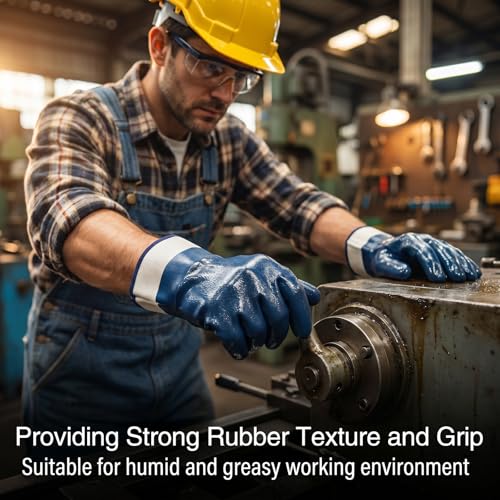 10-Pair Heavy-Duty Chemical Resistant Gloves & Oil Resistant Gloves for Men, Fully Coated Nitrile Work Safety Tools with Wide Cuff (Blue)