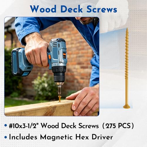 #10 x 3-1/2" Deck Screws Wood Screws, Torx Flat-Head Exterior Screws, T25 Star Bit Included(280PCS 5LB Box) - size: #10x3-1/2"