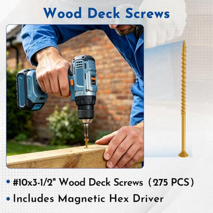 #10 x 3-1/2" Deck Screws Wood Screws, Torx Flat-Head Exterior Screws, T25 Star Bit Included(280PCS 5LB Box) - size: #10x3-1/2"
