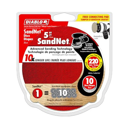 Diablo SandNet Reusable Sanding Discs with Connection Pad for Wood, Metal and Plastics - 5", 220 Grit, Ultra Fine, Ceramic Blend, 10-Pack - DND050220H10I