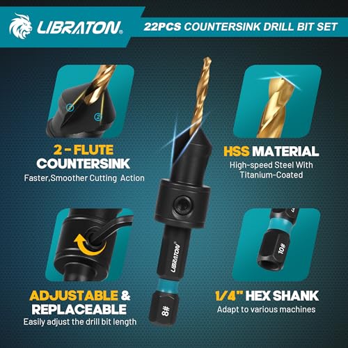 LIBRATON Countersink Drill Bit Set, 22 PCS Wood Counter Sink Drill Bit