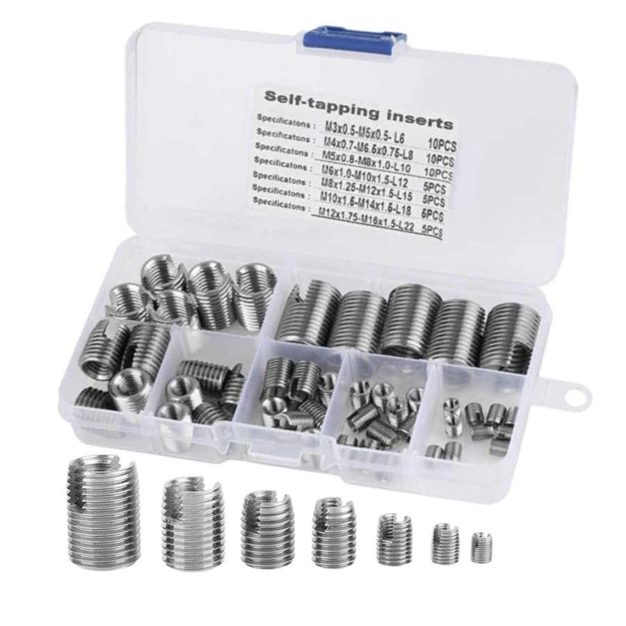 Tyenaza 50Pcs Quick Thread Insert with Storage Case, M3 M12 Self Tapping Thread Insert, Stainless Steel Inner Thread Self Tapping Thread Inserts Set, Thread Reinforce Repair Tool