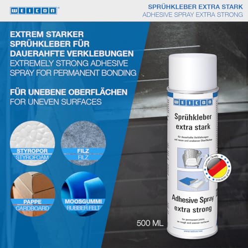 WEICON Adhesive Spray Extra Strong 500 ml | Transparent | Adhesive Spray for Felt, Foam, Leather, Carpets, Rubber, Wood | Craft Material Adhesive | Multipurpose | Strong Spray Glue | Industrial Grade