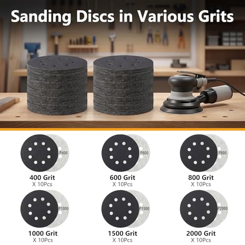 60PCS 5 Inch Wet Dry Sanding Discs 8 Hole Hook & Loop Sandpaper Assortment