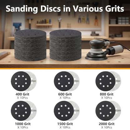 60PCS 5 Inch Wet Dry Sanding Discs 8 Hole Hook & Loop Sandpaper Assortment