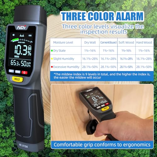 NDI 4 in 1 Pin Moisture Tester, Digital Water Tester, Wood Moisture Meter, Backlit LCD Display Automatic Alarm, Low-battery Indicator, Calibration & HOLD Button for Wood Firewood Lumber Floors