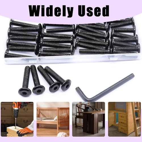 Taiss 20pcs 1/4-20 x 2 Flat Head Socket Head Screw,Furniture Bolts,Furniture Screws 304 Stainless Steel,1/4 Bolts Black Zinc Plated Fully Threaded,Countersunk Connector Screws with Hex Spanner - size: 20PCS 1/4-20x2"