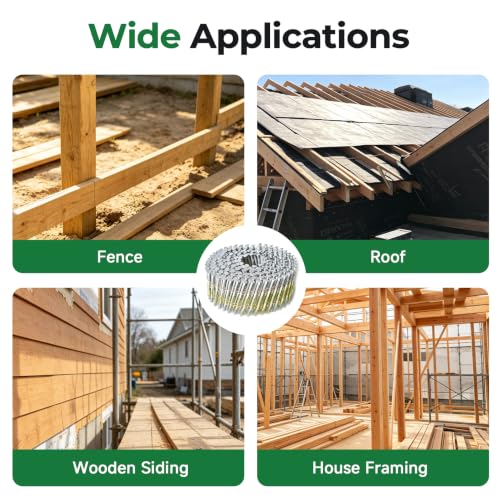 Wire Coil Siding Nails - 2-1/4 x 0.092 Ring Shank 15 Degree Full Round Head Siding Nails, 3600 Count Hot-Dipped Galvanized for Rough Nailing of Lathing and Sheathing Materials - size: 0.092*2-1/4in