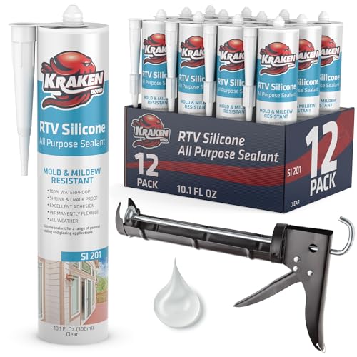 Kraken Bond Clear Silicone Sealant Waterproof% 100-10 fl oz Cartridge - RTV Silicone Caulk Kitchen and Bathroom, All Purpose, Window Caulking Sealant Outdoor Exterior Use Silicon, Gun Incl - 12 Pack - size: RTV Silicone Clear + Gun