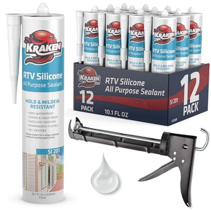 Kraken Bond Clear Silicone Sealant Waterproof% 100-10 fl oz Cartridge - RTV Silicone Caulk Kitchen and Bathroom, All Purpose, Window Caulking Sealant Outdoor Exterior Use Silicon, Gun Incl - 12 Pack - size: RTV Silicone Clear + Gun