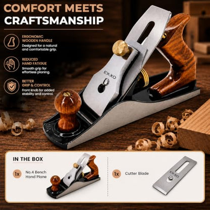 EX-XO No.4 Bench Hand Plane, 9-Inch Wood Planer with 2-Inch Cutter