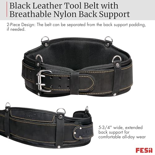 FESA Padded Leather Tool Belt with Back Support Have D-rings for Suspenders - color: Black