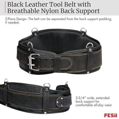 FESA Padded Leather Tool Belt with Back Support Have D-rings for Suspenders - color: Black