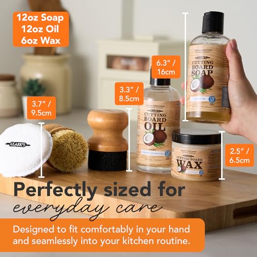 CLARK'S Cutting Board Care Kit with Coconut Oil - Includes Wax, Soap, Scrub Brush, Buffing Pad, and Applicator - for Kitchen Countertops, Butcher Blocks, Wooden Bowls and Utensils - Food Safe - style: Coconut Oil Extracts(Full Care Set)