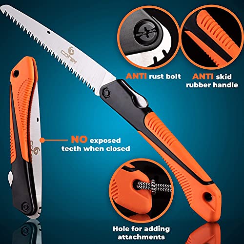 coher Folding Hand Saw for Tree Pruning, Camping, Gardening, Hunting. Cutting Wood, PVC, Bone with Ergonomic Handle Design