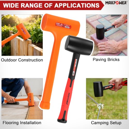 MAXPOWER 2PCS Rubber Mallet Set, 5LB Dead Blow Hammer & 16oz Rubber Mallet - size: 5lb 16oz