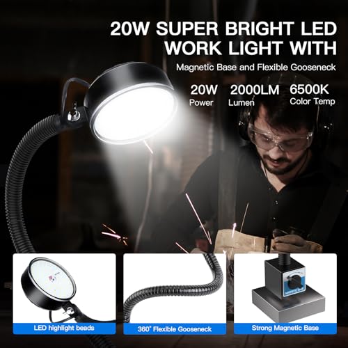 20W Magnetic LED Work Light, 2000LM, 500mm Flexible Gooseneck, for Sewing Machine, Lathe, Work Bench, Shop Lighting