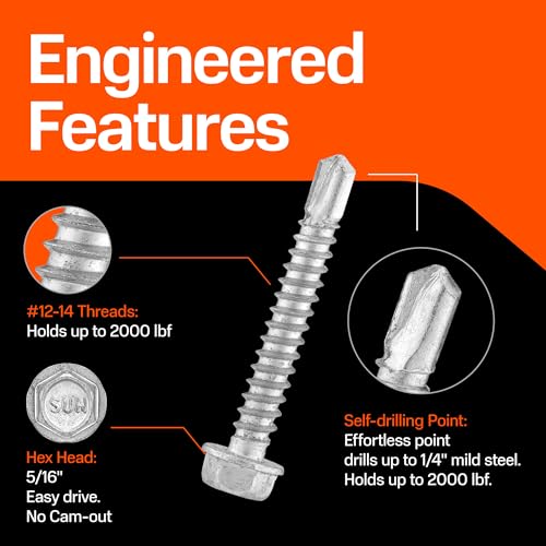SUNKIN 100PCS Self Tapping Screws for Metal, Bi-Metal Stainless Steel 304 Rustproof, #12 x 1-1/8" Hex Head, Hardened Self Drilling Tip for Steel, Extreme Long Service Life - size: #12 x 1-1/8 inch (100 pcs)