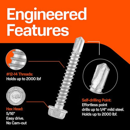 SUNKIN 100PCS Self Tapping Screws for Metal, Bi-Metal Stainless Steel 304 Rustproof, #12 x 1-1/8" Hex Head, Hardened Self Drilling Tip for Steel, Extreme Long Service Life - size: #12 x 1-1/8 inch (100 pcs)