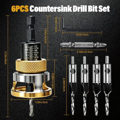 Burmong 4-piece Countersink Drill Bit Set with Adjustable Depth Stop & L-Wrench, Hcs Four-Flute Drill Set for Wood, Plastic, and DIY Projects