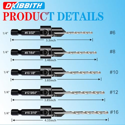 DKIBBITH 12-Piece Countersink Drill Bit Set with 5 Spare Bits, 2 Limit Rings, 1 Hex Key, 2 Screws & Case - 3-in-1 Wood Countersink Bit for #6#8#10#12#16 Screws, 82°Chamfer, Depth Adjustable. - size: 12 Piece Countersink Bit Set