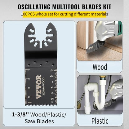 VEVOR 100PCS Oscillating Saw Blades, Quick Release Multitool Blades Kit, HCS Tool Blades for Wood Plastic, Compatible with Dewalt Dremel Fein WORX Bosch Makita Milwaukee
