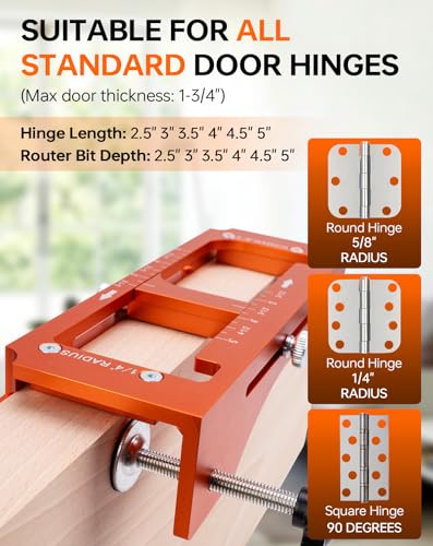 Door Hinge Jig & Installation Tool, Anodized Aluminum Router Template for 3” to 5” Hinges (1/4” & 5/8” Radius) - Complete Door Knob & Deadbolt Mortise Drilling Guide Tool Set