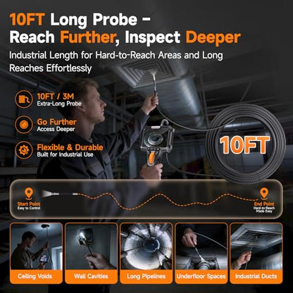 FOXWELL 10FT Dual Lens Borescope, 220° 2-Way Articulating Endoscope Camera - size: 10FT