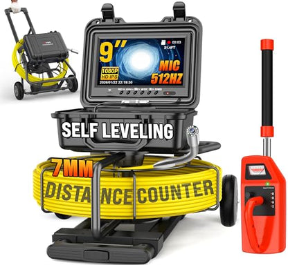 OKK Sewer Camera with 512Hz Locator, Professional 9" Self-Leveling Drain Camera 300ft, Distance Counter, 7mm Cable, Pull Handle, Wheels, IP68 Waterproof, DVR with Mic, 32GB Card, 5100mAh Battery - size: 300ft/90m