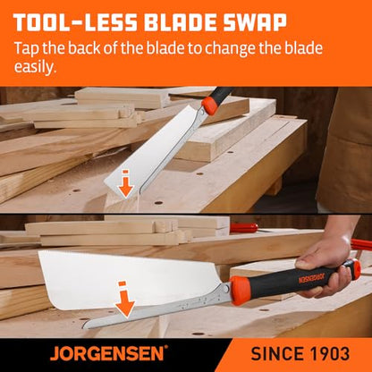JORGENSEN Japanese Pull Saw, 9.5 Inch Pro Dovetail Saw with Rubber Handle, SK5 Steel Handsaw with Tool-less Quick Change Blade, 21TPI Fine Cross Cut Rip Cut Angle Cut Woodworking Tools