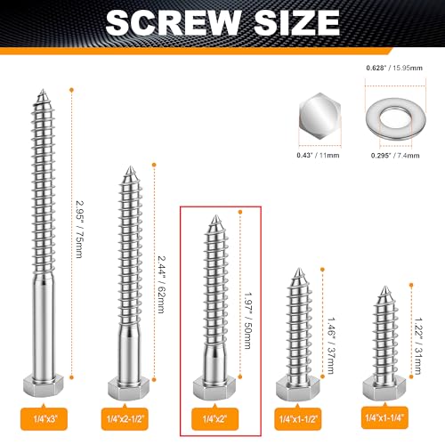 Hex Head Lag Bolts for Wood, Lag Screws 1/4" x 2",25 PCS - size: 1/4" x 2"